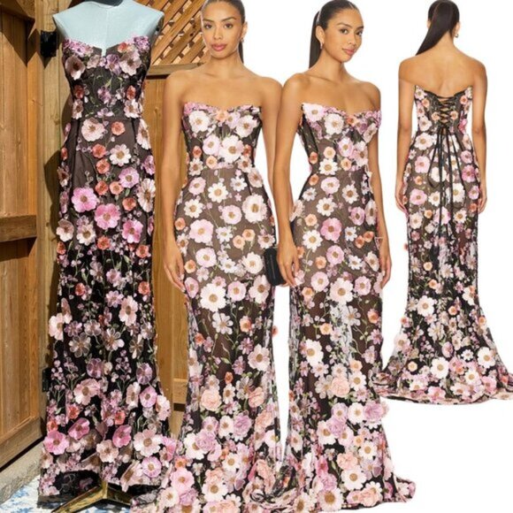 🆕 BRONX & BANCO 🧿 NWOT Jasmine Floral-Appliqued Gown, Black Multi - Sz L US 8 - Picture 1 of 16